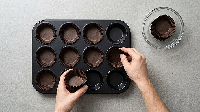 Zwei Hände setzen braune Papierförmchen in eine schwarze Muffinform auf einer hellgrauen Arbeitsplatte.