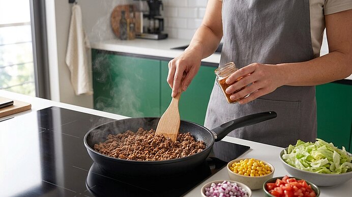 Eine Person rührt gewürztes Hackfleisch in einer Pfanne und streut Gewürz dazu; daneben Schälchen mit Mais, Salat, gewürfelten Tomaten und roten Zwiebeln.