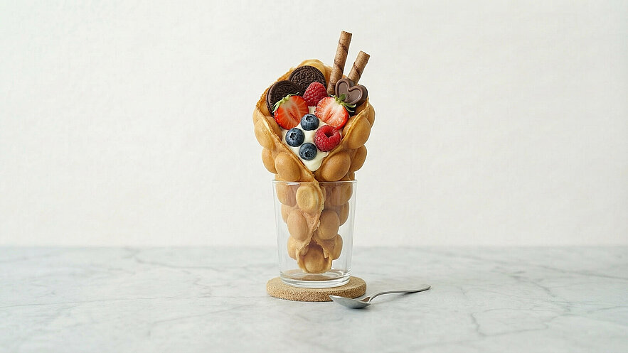 Ein Glas enthält eine Waffel gefüllt mit Sahne, frischen Beeren, Erdbeeren und Schokoladensorten. Zwei Waffelröllchen ragen heraus. Der Hintergrund ist hell und neutral, der Fokus liegt auf dem Dessert.