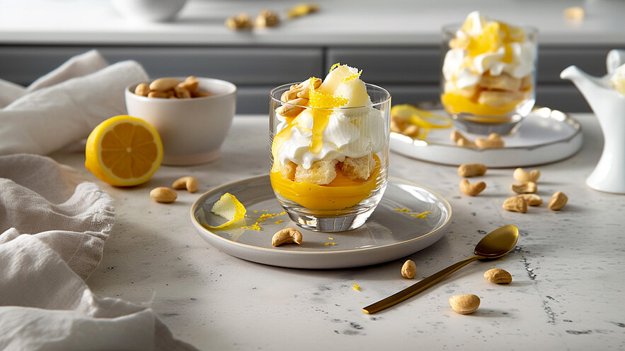 Ein Glas Dessert mit einer Schicht aus einer gelben Creme, zerbröseltem Biskuit und Sahne. Das Dessert ist mit Zitronenschale und Erdnüssen garniert. Eine halbe Zitrone und eine kleine Schüssel mit Erdnüssen liegen daneben. Ein goldener Löffel ist auf dem Teller platziert.
