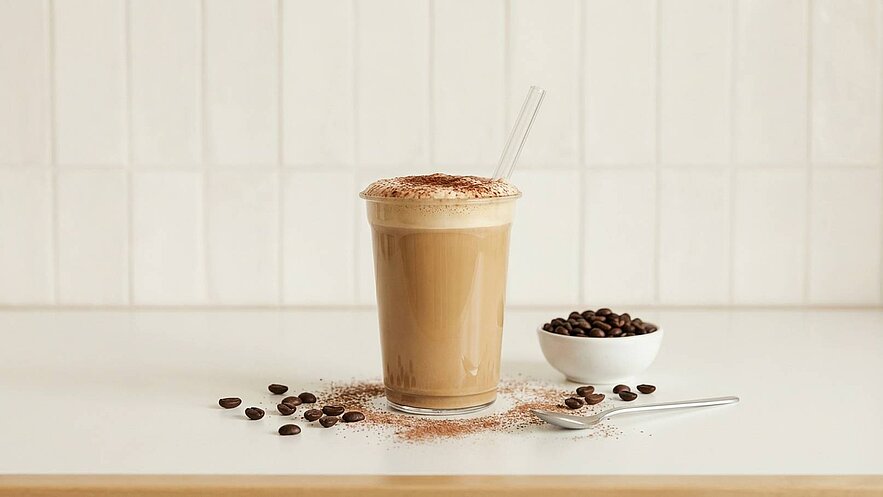 Ein Glas mit schaumigem Kaffee steht auf einem Tisch. Darum sind einige Kaffeebohnen und einen Löffel verteilt. Neben dem Glas befindet sich eine Schale mit weiteren Kaffeebohnen. Der Hintergrund ist hell und schlicht.