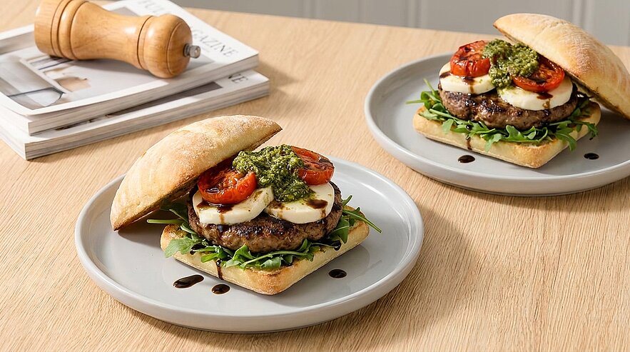 Zwei Gourmet-Ciabatta-Burger auf Tellern: Rucola, gebratene Rindfleisch-Patties, Mozzarella-Scheiben, gegrillte Cherrytomaten, grünes Pesto und Balsamico‑Reduktion.