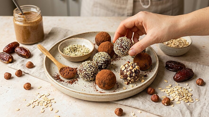 Hand nimmt eines von mehreren hausgemachten Energiebällchen von einem Teller; Kugeln mit Kakao-, Nuss- und Samenüberzug, umgeben von Datteln, Haselnüssen, Haferflocken und Nussmus.