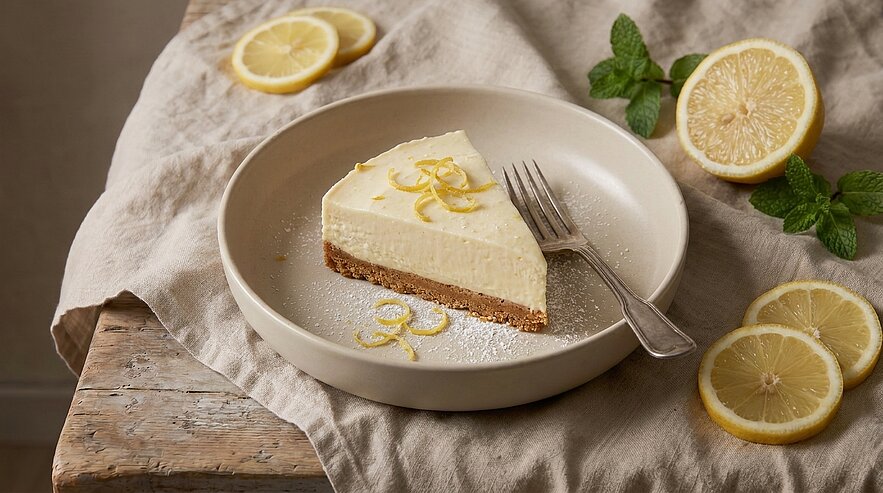 Ein Stück Zitronenkäsekuchen auf einem flachen Teller, garniert mit Zitronenschalen. Ein Besteckstück liegt neben dem Kuchen. Im Hintergrund sind frische Zitronenscheiben und ein paar Minzblätter zu sehen. Der Tisch hat eine natürliche Holzoberfläche.