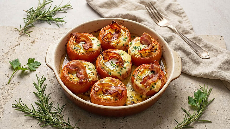 Eine ofenfrische Auflaufform mit gefüllten Tomaten ist zu sehen. Die Tomaten sind mit einer Mischung aus Käse und Kräutern gefüllt und mit knusprigem Speck garniert. Einige frische Kräuter liegen neben dem Gericht auf einer neutralen Oberfläche.