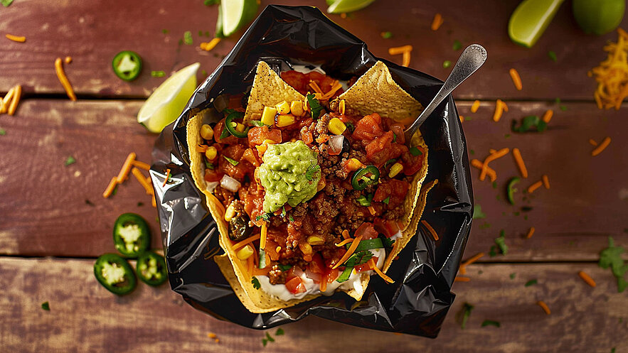 Ein Schalengericht mit Tortilla-Chips, belegt mit Hackfleisch, Salsa, Mais, Käse, Guacamole und frischen Kräutern. Eine Limonenscheibe und einige Jalapeños sind neben der Schale angeordnet. Das Gericht ist ansprechend angerichtet und hebt die Vielfalt der Zutaten hervor.