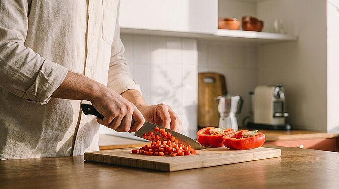 Hände einer Person schneiden rote Paprika in kleine Würfel auf einem Holzbrett in einer hellen Küche; zwei Paprikahälften liegen daneben.