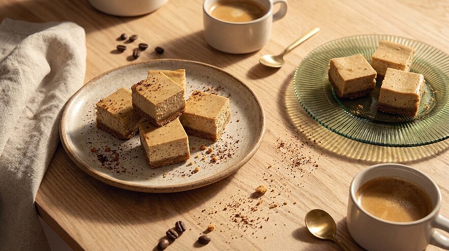 Mehrere kleine, quadratische Schichtdesserts mit Kaffee- oder Karamellfüllung auf zwei Tellern, bestreut mit Kakaopulver, daneben zwei Tassen Espresso und verstreute Kaffeebohnen.