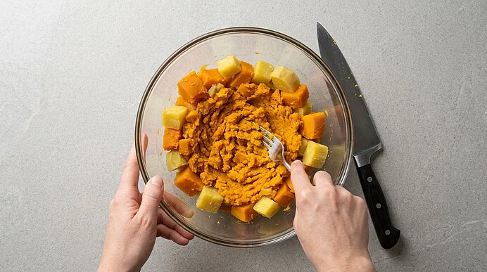 Zwei Hände zerdrücken mit einer Gabel gekochte Kürbis- bzw. Süßkartoffelwürfel in einer Glasschüssel; daneben liegt ein großes Küchenmesser.