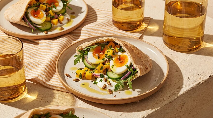 Pita-Tasche auf Teller, gefüllt mit Rucola, Gurkenscheiben, halbierten weich gekochten Eiern, kleinen gelben Würfeln (Mango oder Paprika) und Kräutern, leicht mit Öl beträufelt.