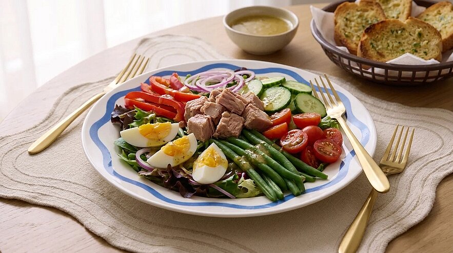 Bunter Salatteller mit Thunfischstücken, grünen Bohnen, Vierteln gekochter Eier, Cherrytomaten, Gurkenscheiben, roten Paprikastreifen und Zwiebelringen auf Mischsalat; daneben Dressing und ein Körbchen mit geröstetem Knoblauchbrot.