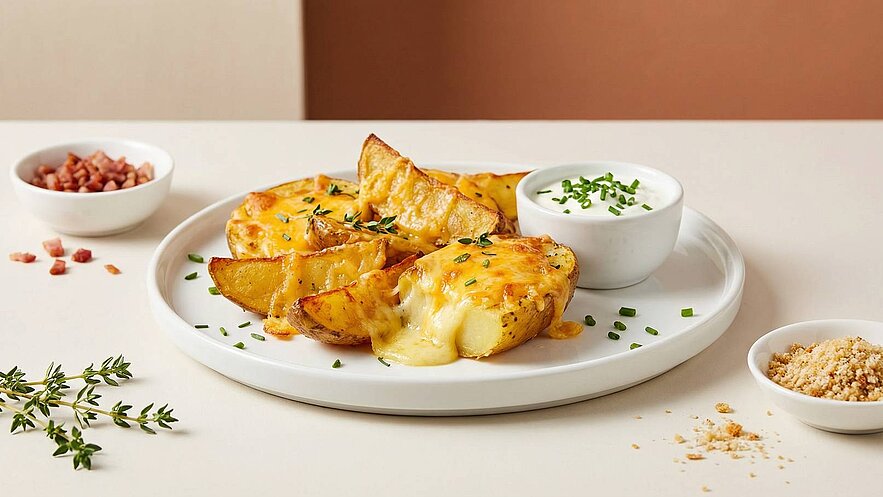 Ein Teller mit goldbraun gebackenen Kartoffelspalten, bedeckt mit geschmolzenem Käse und frischen Schnittlauch. Neben dem Teller befinden sich kleine Schalen mit Speckwürfeln und Dips, darunter eine cremige Sauce und eine knusprige Mischung. Der Hintergrund ist in warmen Farben gehalten.