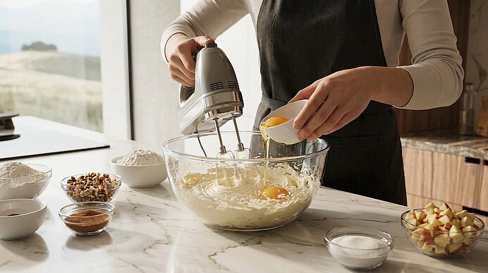 Person rührt Teig mit einem Handmixer in einer großen Glasschüssel, während ein Ei dazugegossen wird. In kleinen Schalen am Rand stehen Mehl, Zucker, gehackte Äpfel und Nüsse.