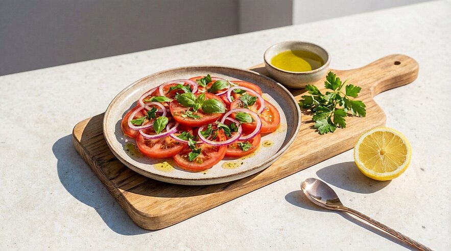 Frischer Tomatensalat: aufgeschnittene Tomaten mit roten Zwiebelringen, Basilikum und Petersilie, leicht mit Olivenöl beträufelt; daneben halbe Zitrone und Schälchen mit Dressing auf einem Holzbrett.