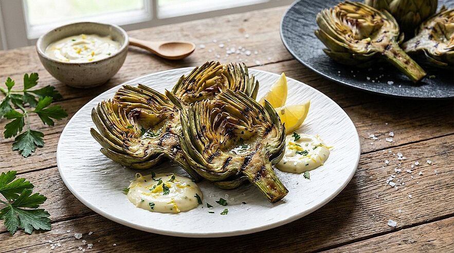 Gegrillte Artischocken liegen auf einem weißen Teller. Dazu gibt es eine cremige Sauce und Zitronenscheiben. Im Hintergrund sind weitere Artischocken und eine Schüssel mit Sauce zu sehen, auf einem Holztisch mit Kräutern und Salz.
