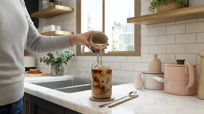 Hand gießt Milch aus kleinem Krug in ein Glas Eiskaffee mit Eiswürfeln; Milch wirbelt im dunklen Kaffee auf einer Küchenarbeitsfläche.