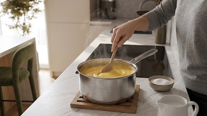 Hand rührt mit Holzlöffel eine dampfende, gelbliche Suppe in einem Edelstahltopf auf dem Herd.