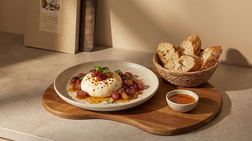Auf einem Holzbrett: Teller mit Burrata-Käse, roten Trauben, Kräutern und Olivenöl, daneben ein Korb mit Baguettescheiben und eine kleine Schale mit Dip.