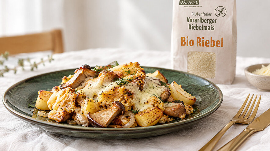 Grau-grüner Teller mit gebackenen Kartoffelstücken und Pilzen, überbacken mit geschmolzenem Käse und frischen Kräutern; goldenes Besteck rechts.