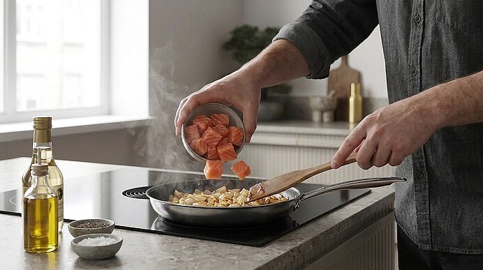 Hände einer Person schütten gewürfelten Lachs in eine bratende Pfanne mit Gemüse, dampfend; andere Hand rührt mit Holzspatel. Moderne Küche mit Olivenölflasche und Gewürzschalen im Vordergrund.