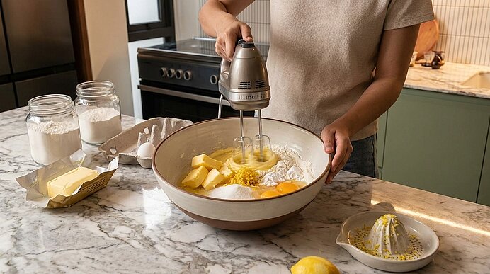 Person bereitet Teig mit Handmixer aus Butter, Eiern, Mehl und Zitronenschale vor; Butterstück, Mehlgläser, Eier und Zitronenpresse auf Arbeitsplatte sichtbar.