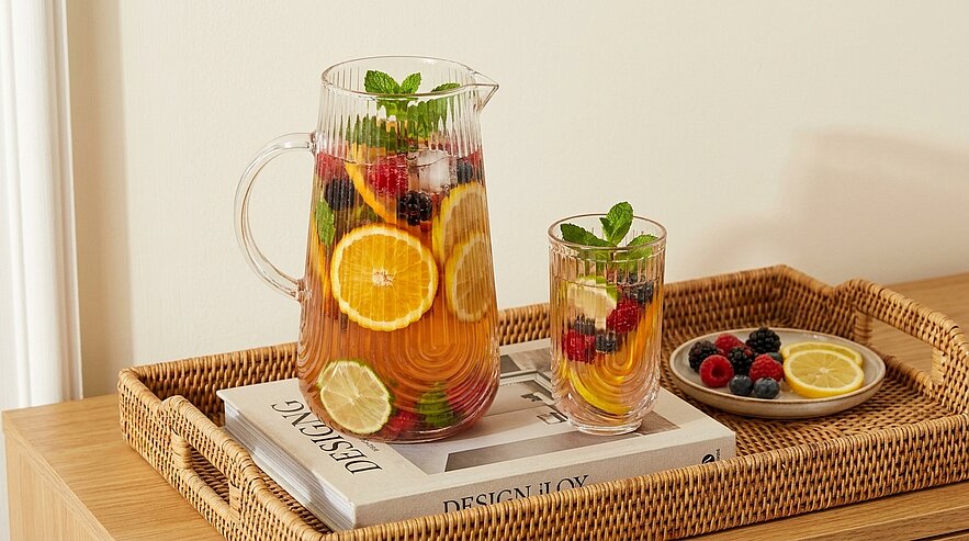 Glaskrug und Glas mit Wasser, gefüllt mit Orangen-, Zitronen- und Limettenscheiben, Beeren und Minzblättern, auf einem geflochtenen Tablett neben einem kleinen Teller mit Beeren und Zitronenscheiben.