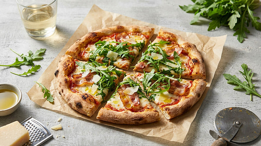 Eine frisch gebackene Pizza liegt auf braunem Papier. Sie ist belegt mit Tomatensauce, geschmolzenem Käse, Rucola und Stückchen von Schinken. Neben der Pizza sind ein Glas Wasser und einige frische Rucolablätter zu sehen.
