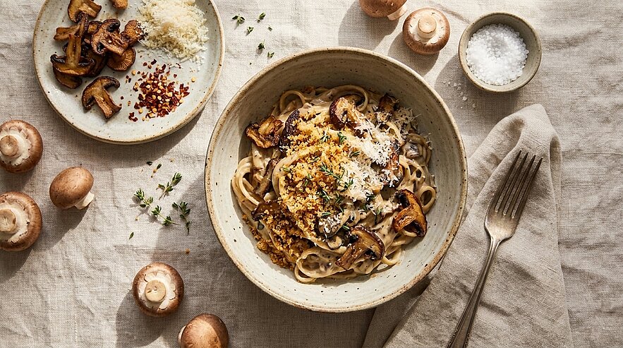 Schüssel mit Bandnudeln in cremiger Pilzsoße, garniert mit gebratenen Champignons, geriebenem Parmesan und frischen Kräutern; daneben ein Teller mit zusätzlichen Champignons.