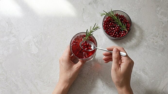 Zwei Hände geben mit einem Löffel Granatapfelkerne in ein Glas mit rotem Prosecco und einem Rosmarinzweig.
