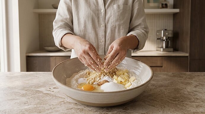 Eine Person mischt mit den Händen Teigzutaten (Mehl, Ei, Butter, Zucker) in einer großen Schüssel auf der Küchenarbeitsplatte.