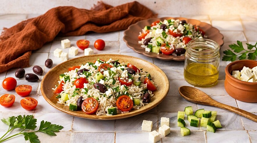 Zwei Teller mit mediterranem Reissalat aus Reis, Kirschtomaten, Gurkenwürfeln, schwarzen Oliven, Fetawürfeln und Kräutern; daneben ein Glas Olivenöl.