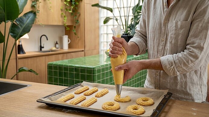Hände einer Person drücken mit einem Spritzbeutel Teig kreisförmig und als Stäbchen auf ein mit Backpapier belegtes Backblech.