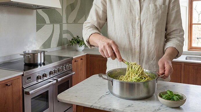 Hände einer Person rühren frisch gekochte Spaghetti in einem großen Topf auf einer Küchenarbeitsplatte; daneben eine kleine Schale mit frischem Basilikum.