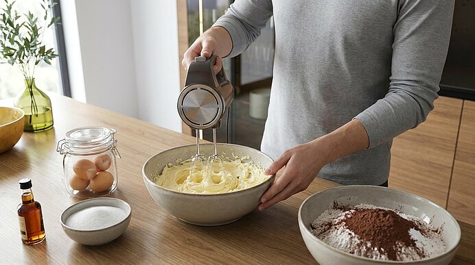 Person rührt Teig mit Handmixer in großer Schüssel in einer Küche; daneben Schalen mit Mehl und Kakao, eine Schale Zucker, Eier im Glas und Fläschchen Vanilleextrakt.