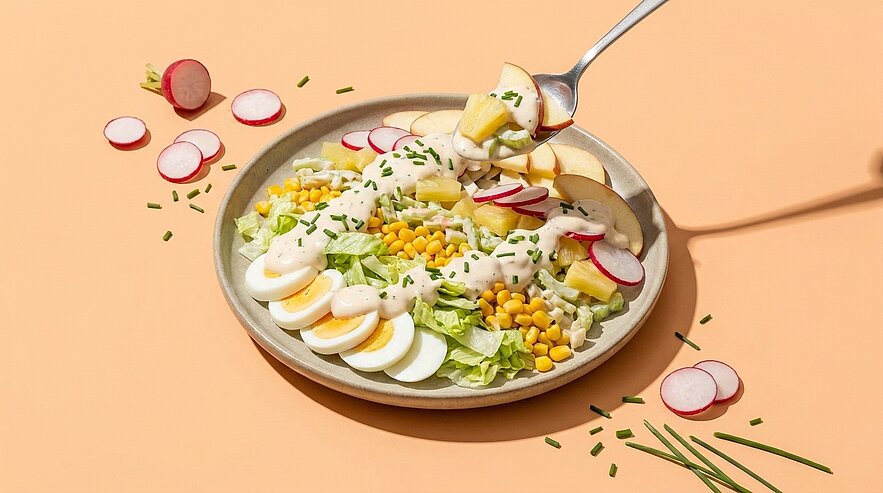 Teller mit Salat aus Kopfsalat, Radieschenscheiben, in Scheiben geschnittenen hartgekochten Eiern, Mais, cremigem Dressing und Schnittlauch; ein Löffel hebt etwas Salat.