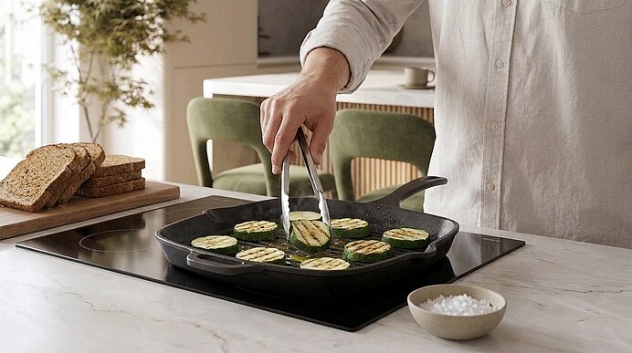 Hände einer Person wenden Zucchinischeiben mit Zange in einer Grillpfanne auf dem Herd; deutliche Grillstreifen.