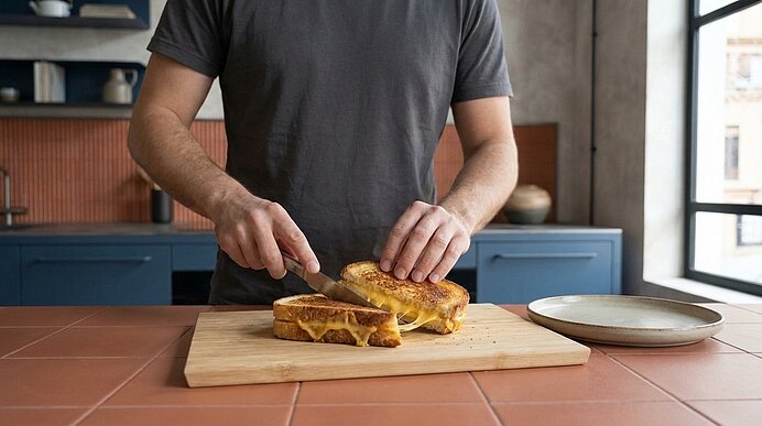 Oberkörper und Hände einer Person schneiden auf einem Holzbrett ein heißes, geschmolzenes gegrilltes Käsesandwich in einer Küche.