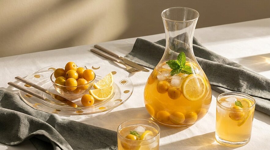 Eine Glaskaraffe mit einer gelben, fruchtigen Flüssigkeit und Limettenstücken steht auf einem Tisch. Daneben befinden sich zwei Gläser mit dem gleichen Getränk und eine Schale mit gelben Früchten, umgeben von einem grauen Tuch.