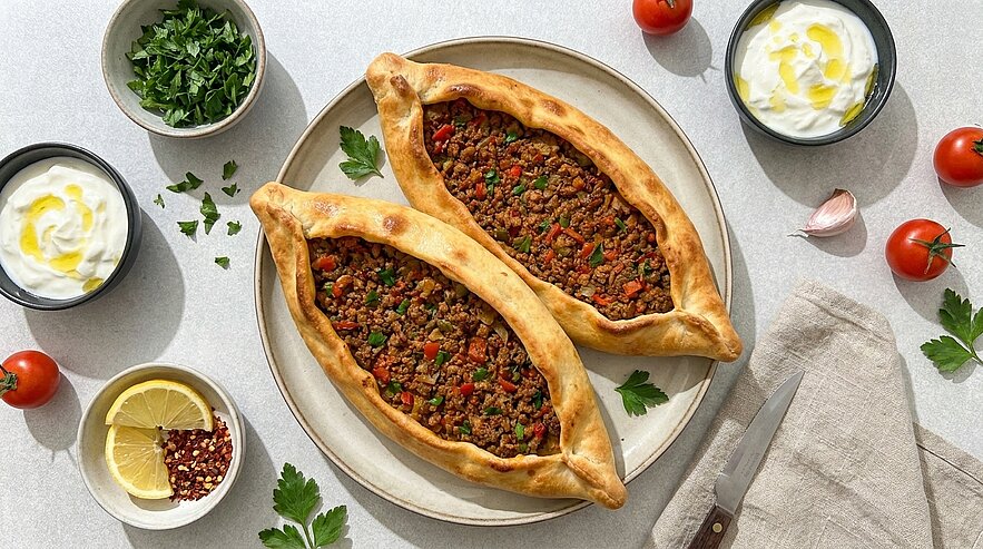 Zwei türkische Pide mit Hackfleischfüllung sind auf einem großen Teller angerichtet. Um die Pide herum sind frische Kräuter, Kirschtomaten, eine Schale Joghurt und Zitronenscheiben platziert. Die Anordnung vermittelt ein appetitliches und einladendes Bild einer köstlichen Mahlzeit.