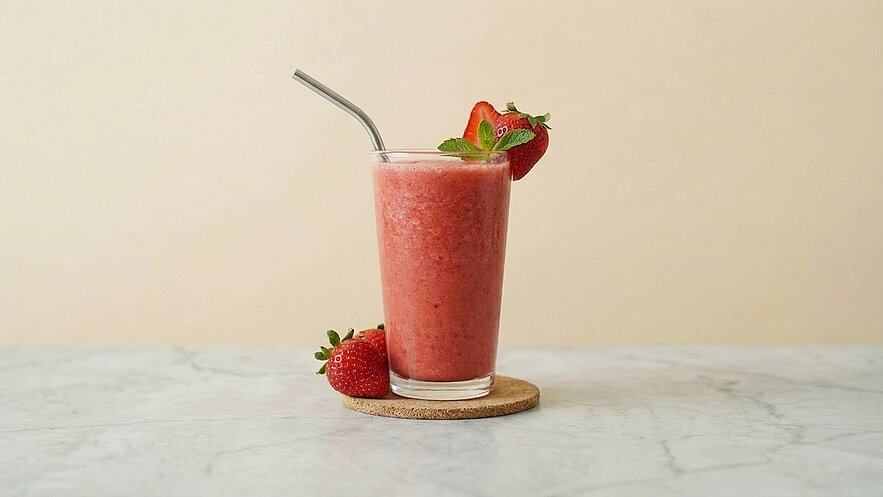 Ein Glas mit einem rosa Erdbeersmoothie steht auf einem Untersetzer. Ein Strohhalm steckt im Drink, und eine frische Erdbeere sowie ein Blatt Minze dekorieren das Glas. Der Hintergrund ist hell und einfarbig.