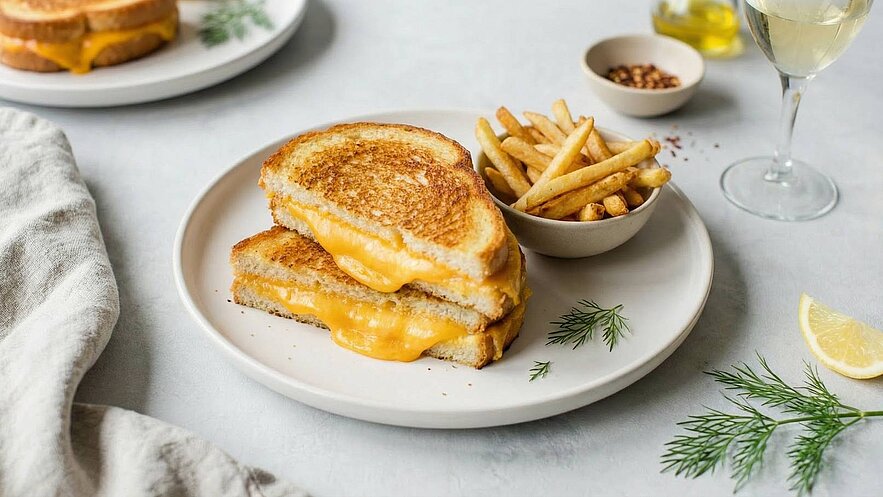 Ein Teller mit zwei gegrillten Käse-Sandwiches, die geschmolzenen Käse zeigen, liegt neben einem kleinen Schälchen mit Pommes frites. Der Hintergrund ist hell und neutral, mit einem Hauch von frischen Kräutern und einem Glas Weißwein.