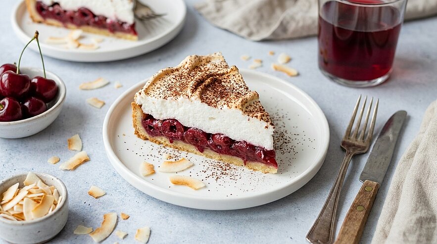 Ein Stück Kirschkuchen mit einer cremigen Baiserhaube liegt auf einem weißen Teller. Daneben befinden sich ein kleiner Schüssel mit Kirschen und eine weitere mit Kokoschips. Im Hintergrund steht ein Glas mit rotem Getränk.