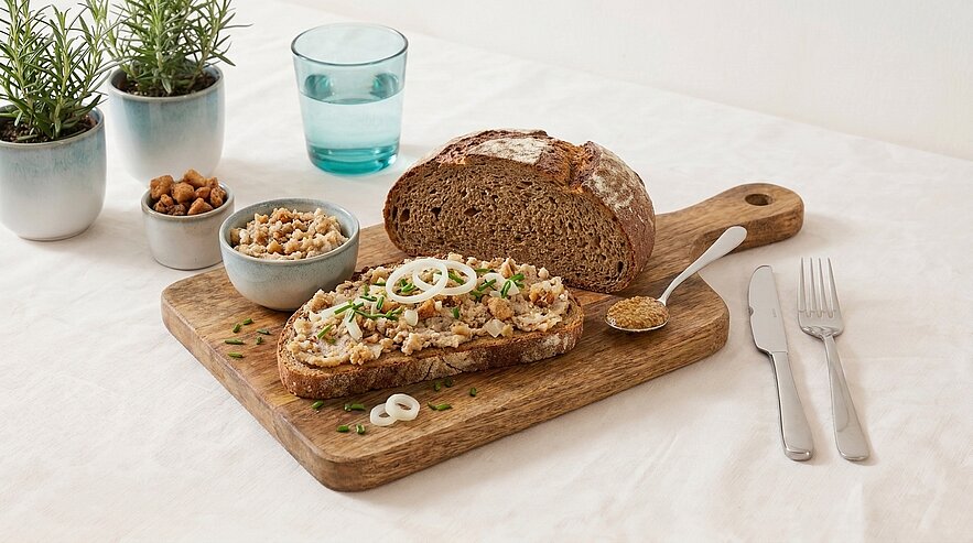 Auf einem Holzbrett liegt ein dunkles Bauernbrot und eine belegte Scheibe mit grobem Aufstrich, garniert mit Zwiebelringen und Schnittlauch; daneben kleine Schalen mit Zutaten, ein Glas Wasser und Besteck.
