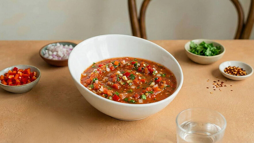 Eine weiße Schüssel mit frischer Tomatensuppe steht auf einem Tisch. Um die Schüssel sind kleine Schalen mit gehackten roten Paprika, Zwiebeln und frischem Koriander angeordnet. Im Vordergrund gibt es ein Glas Wasser, das die Szene ergänzt.