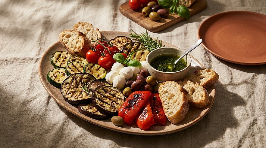 Vorspeisenplatte mit gegrillter Aubergine und Zucchini, gerösteten roten Paprika, Cherrytomaten, kleinen Mozzarellakugeln, gemischten Oliven, Baguettescheiben und Kräuter-Pesto.