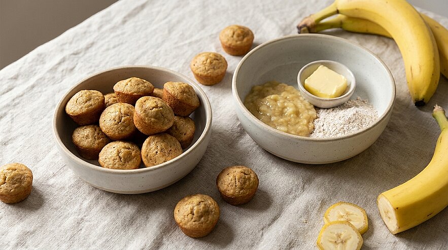 Schale mit kleinen Bananenmuffins, daneben Schale mit zerdrückter Banane, Butter und Mehl; ganze und geschnittene Bananen auf einem Leinentuch.