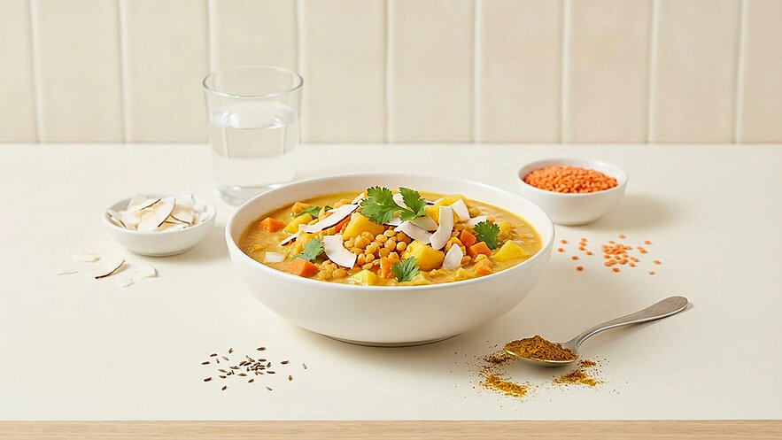 Eine Schüssel mit farbenfroher Linsensuppe, garniert mit frischen Kräutern und Kokosraspeln. Daneben liegen Kokosstückchen, rote Linsen und ein Teelöffel mit Gewürz. Ein Glas Wasser ist ebenfalls sichtbar.