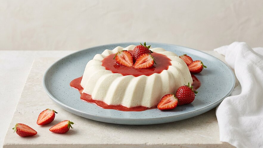 Ein gefvüllter Panna Cotta auf einem blauen Teller, umgeben von frischen Erdbeeren. Die Panna Cotta hat einen roten Erdbeersirup obenauf. Einige halbierte Erdbeeren liegen ebenfalls auf dem Teller. Der Hintergrund ist hell und schlicht.