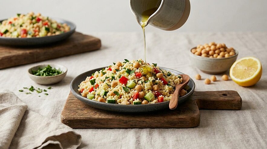 Eine Schüssel mit buntem Couscous-Salat, garniert mit frischem Gemüse und Kichererbsen, wird mit Öl beträufelt. Daneben befinden sich eine weitere Schüssel mit Couscous, eine kleine Schale mit gehacktem Gemüse, eine Zitrone und eine Schüssel mit Kichererbsen.