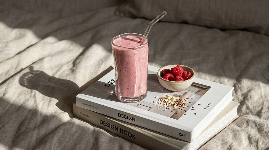 Glas mit rosa Beerensmoothie und Metallstrohhalm auf zwei übereinanderliegenden Designbüchern, daneben kleine Schale mit frischen Himbeeren und etwas Haferflocken auf hellem, von Sonnenlicht durchflutetem Bettlaken.